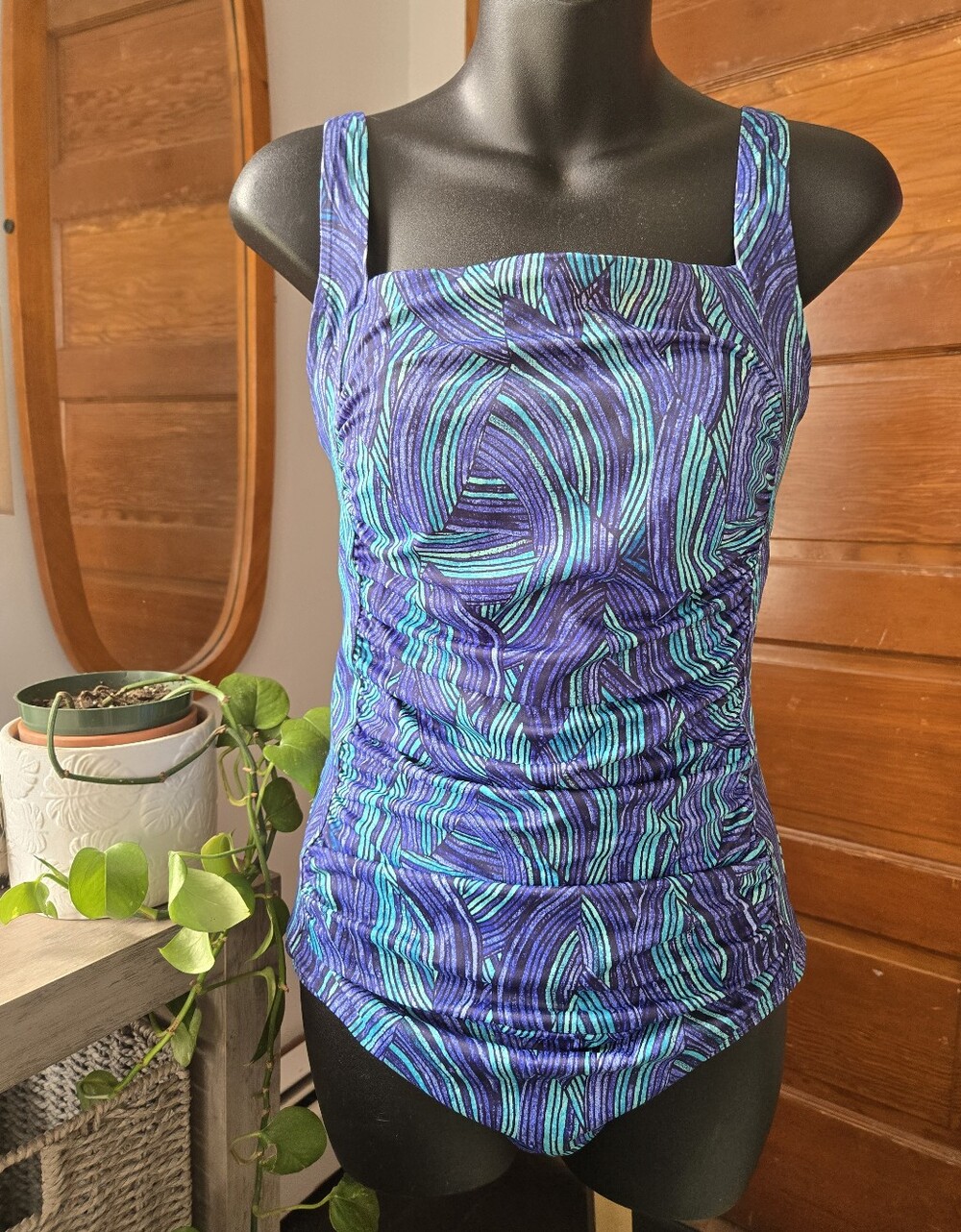L.L.Bean BeanSport Aquatic Woodgrain Square-Neck Slimming Swimsuit UPF 50+ US 12